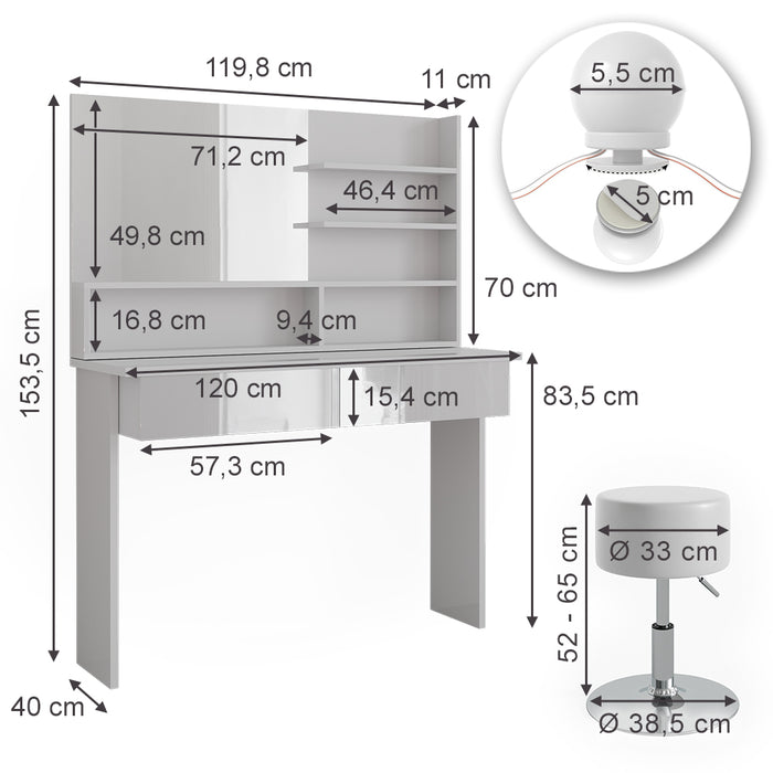 Vicco Tavolo da toeletta Bianco 120 cm con illuminazione a LED e sgabello