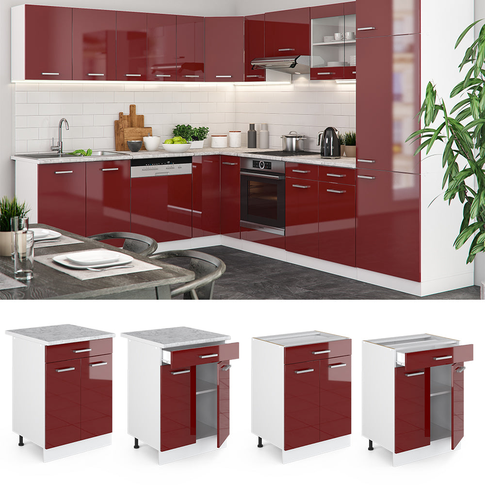 Vicco Mobiletto base per cucina Rosso lucido 60 cm con cassetto, PL Rovere