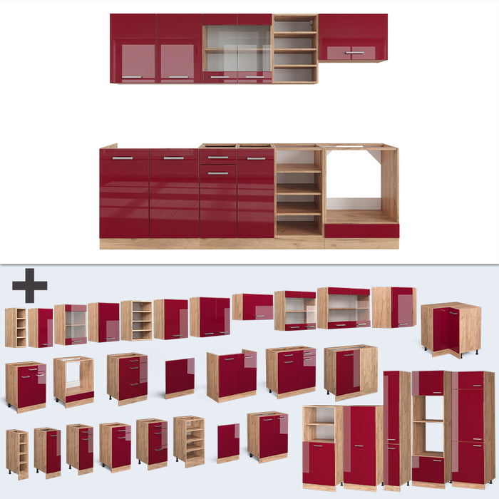 Vicco Cucina componibile Rosso lucido/rovere dorato 240 cm , PL Marmo