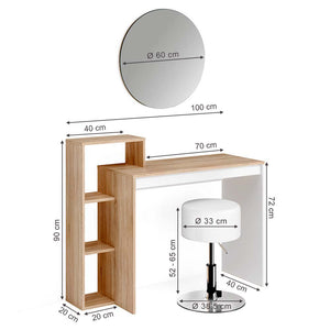 Vicco Tavolo da toeletta Sonoma 100 cm con specchio e sgabello