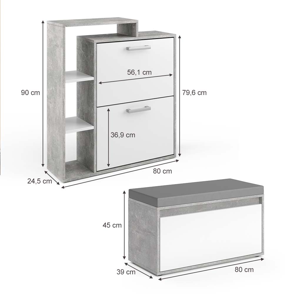 Vicco Scarpiera da ingresso Calcestruzzo 2 parti, con banco