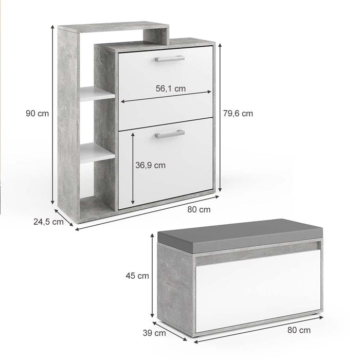 Vicco Scarpiera da ingresso Calcestruzzo 2 parti, con banco