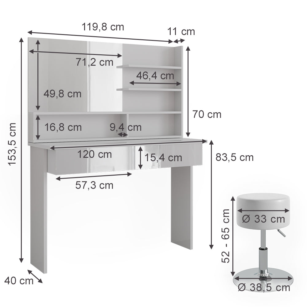 Vicco Tavolo da toeletta Bianco 120 cm con sgabello