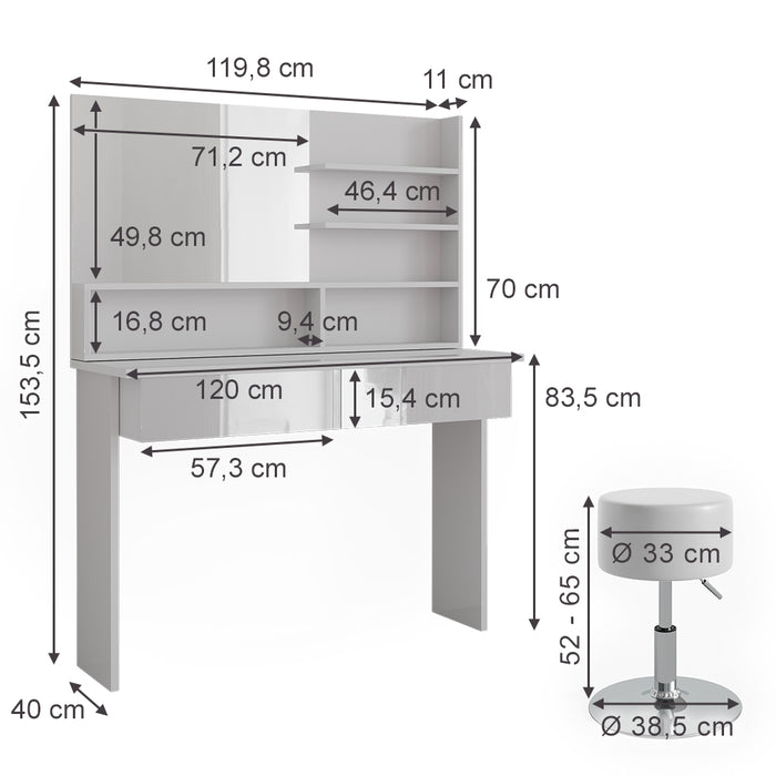 Vicco Tavolo da toeletta Bianco 120 cm con sgabello