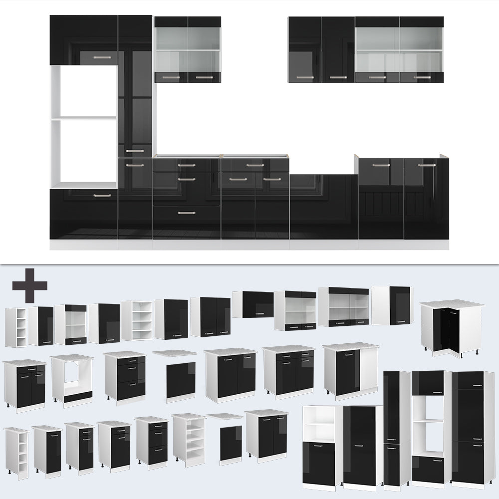 Vicco Cucina componibile Nero lucido/bianco 350 cm con armadio alto, PL Antracite
