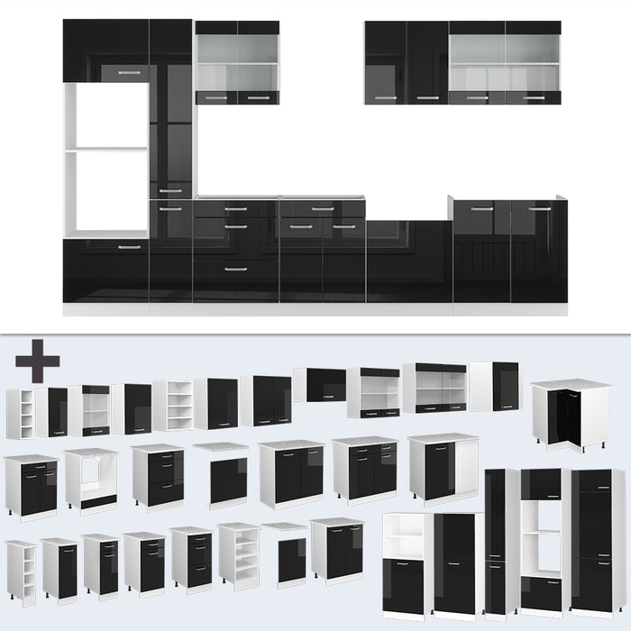 Vicco Cucina componibile Nero lucido/bianco 350 cm con armadio alto, PL Antracite