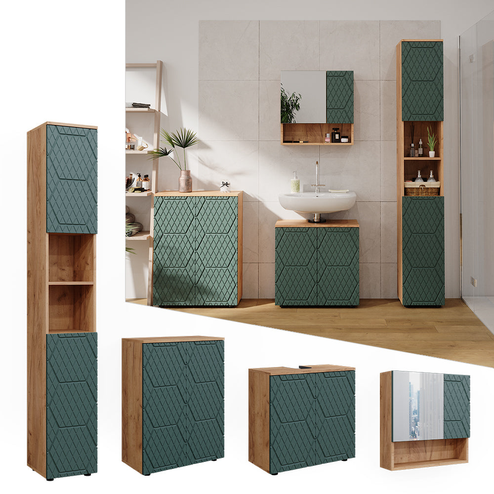 Vicco Set mobili bagno Quercia verde/oro 4 pezzi, con colonna e cassettiera