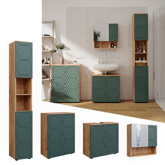 Vicco Set mobili bagno Quercia verde/oro 4 pezzi, con colonna e cassettiera