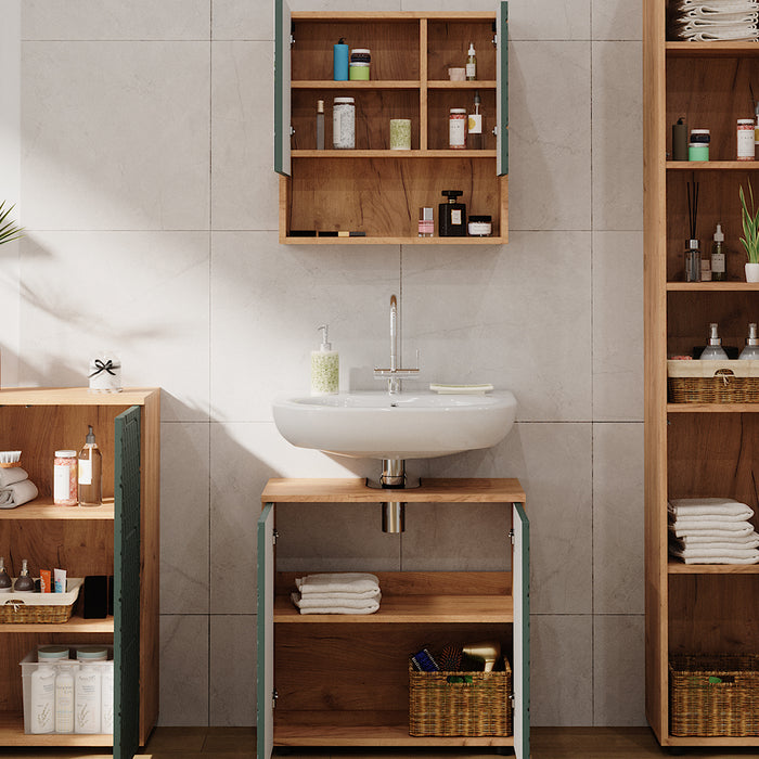 Vicco Set mobili bagno Quercia verde/oro 4 pezzi, con colonna e cassettiera