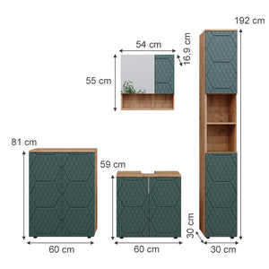 Vicco Set mobili bagno Quercia verde/oro 4 pezzi, con colonna e cassettiera