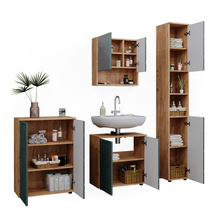Vicco Set mobili bagno Quercia verde/oro 4 pezzi, con colonna e cassettiera