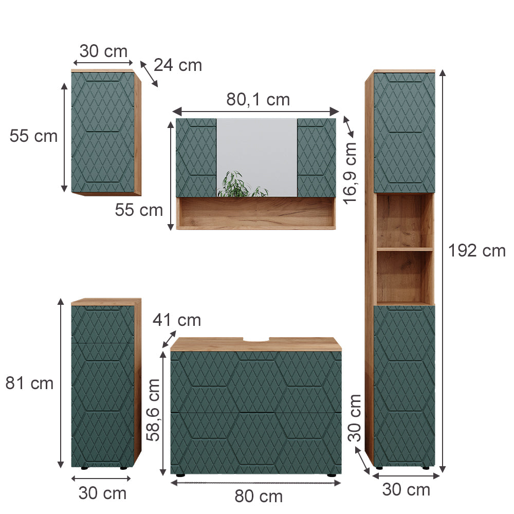 Vicco Set mobili bagno Quercia verde/oro 5 parti