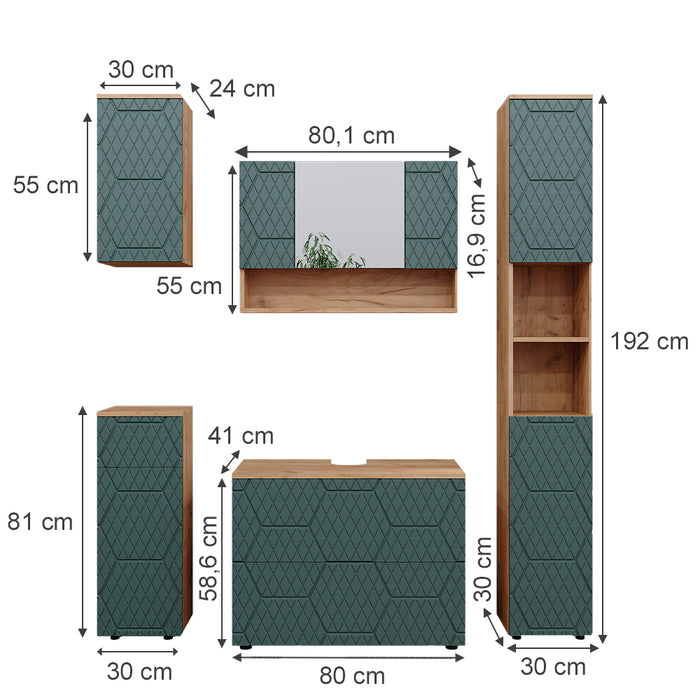Vicco Set mobili bagno Quercia verde/oro 5 parti