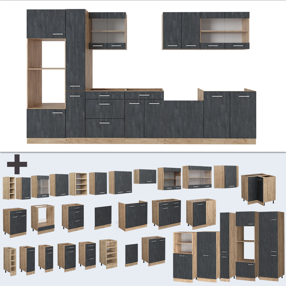 Vicco Cucina completa Calcestruzzo nero/quercia dorata 350 cm , PL Marmo
