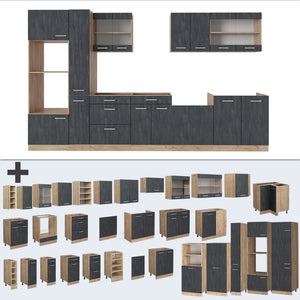 Vicco Cucina componibile Calcestruzzo nero/quercia dorata 350 cm senza piano di lavoro