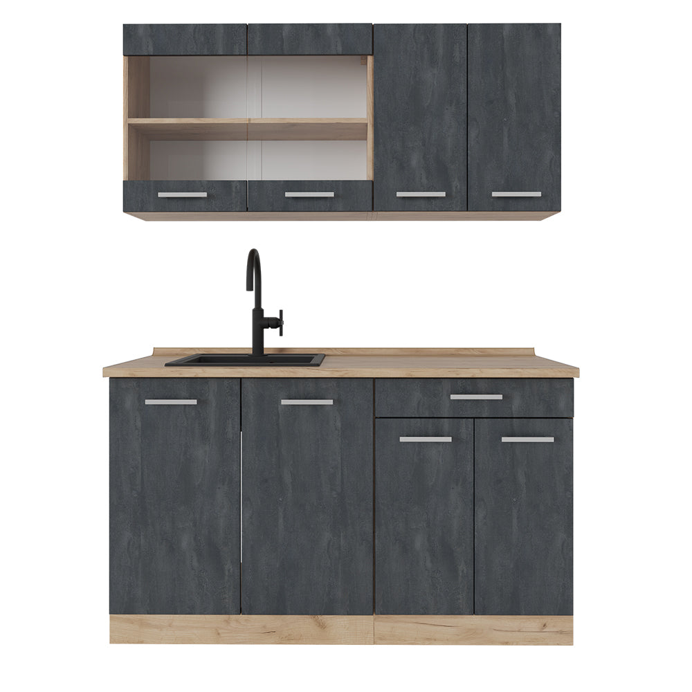 Vicco Cucina monoblocco Calcestruzzo nero/quercia dorata 140 cm PL Rovere
