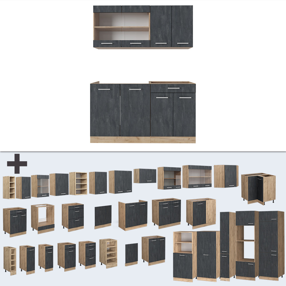 Vicco Cucina monoblocco Calcestruzzo nero/quercia dorata 140 cm PL Rovere