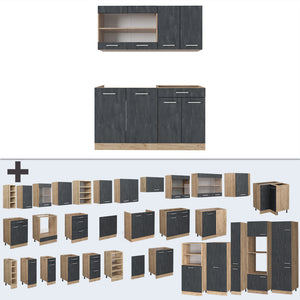 Vicco Cucina monoblocco Calcestruzzo nero/quercia dorata 140 cm PL Rovere