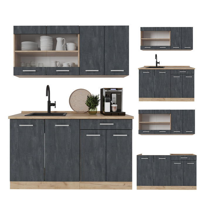 Vicco Cucina monoblocco Calcestruzzo nero/quercia dorata 140 cm PL Antracite