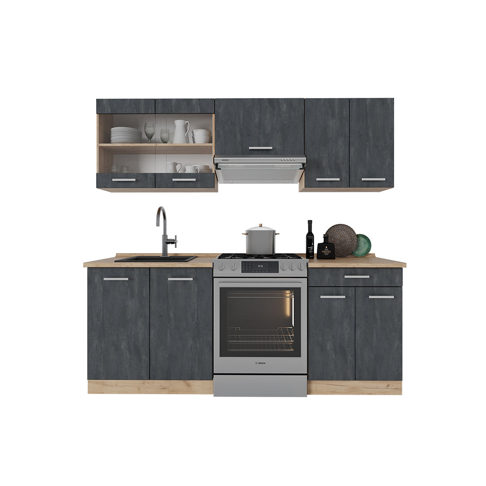 Vicco Cucina componibile Calcestruzzo nero/quercia dorata 200 cm senza piano di lavoro