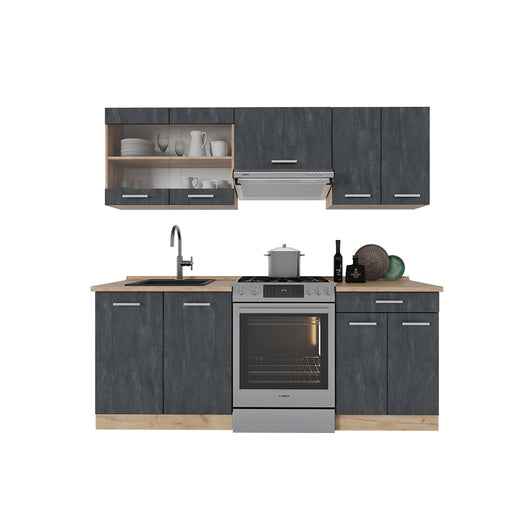 Vicco Cucina componibile Calcestruzzo nero/quercia dorata 200 cm senza piano di lavoro