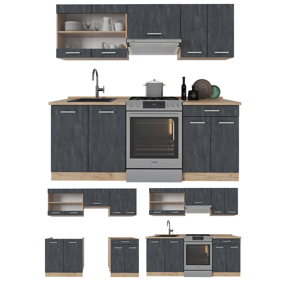 Vicco Mobile da cucina Calcestruzzo nero/quercia dorata 200 cm PL Marmo