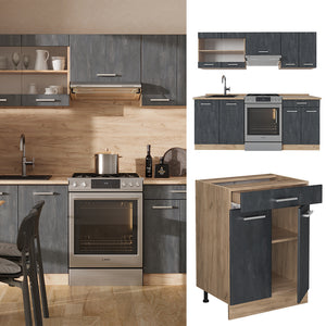 Vicco Mobile da cucina Calcestruzzo nero/quercia dorata 200 cm PL Marmo