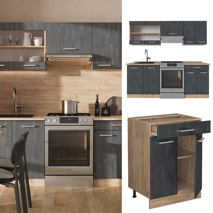 Vicco Mobile da cucina Calcestruzzo nero/quercia dorata 200 cm PL Marmo