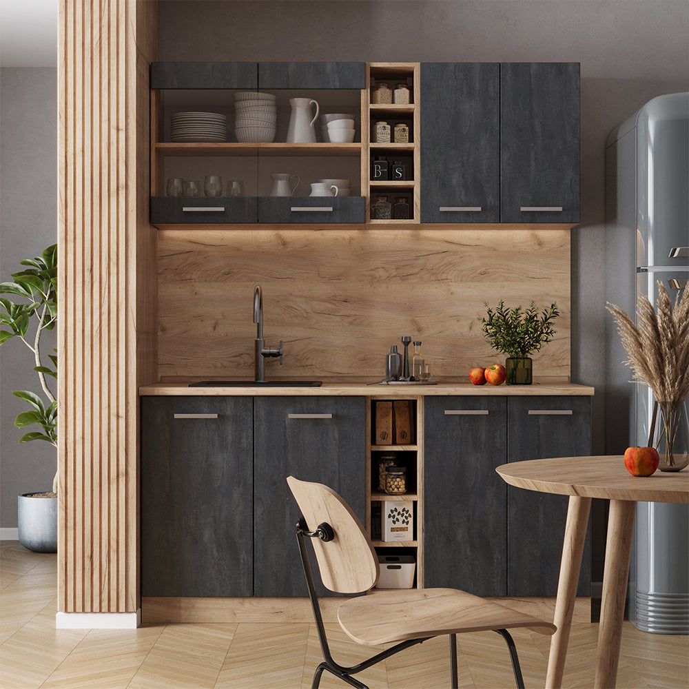 Vicco Cucina completa Calcestruzzo nero/quercia dorata 160 cm senza piano di lavoro