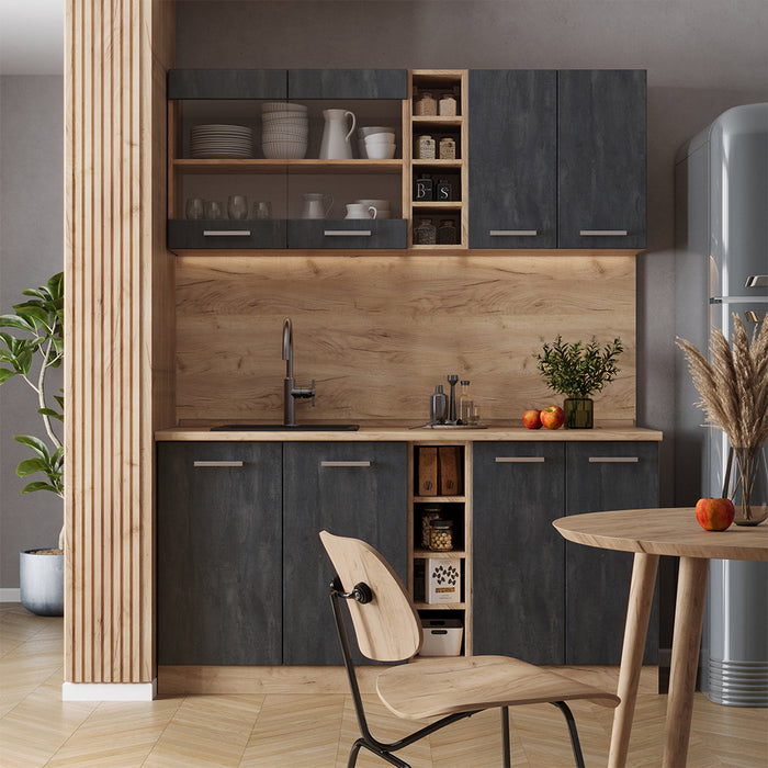 Vicco Cucina completa Calcestruzzo nero/quercia dorata 160 cm senza piano di lavoro