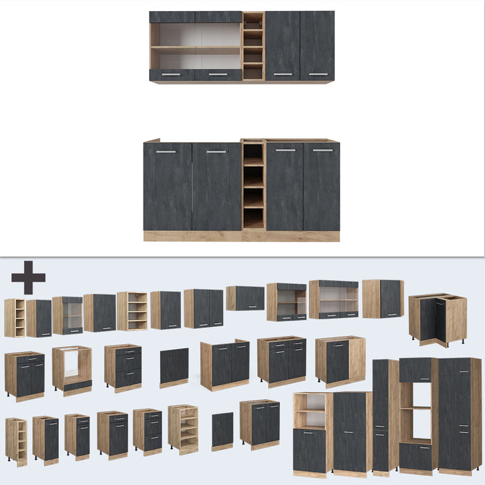 Vicco Cucina completa Calcestruzzo nero/quercia dorata 160 cm PT Rovere