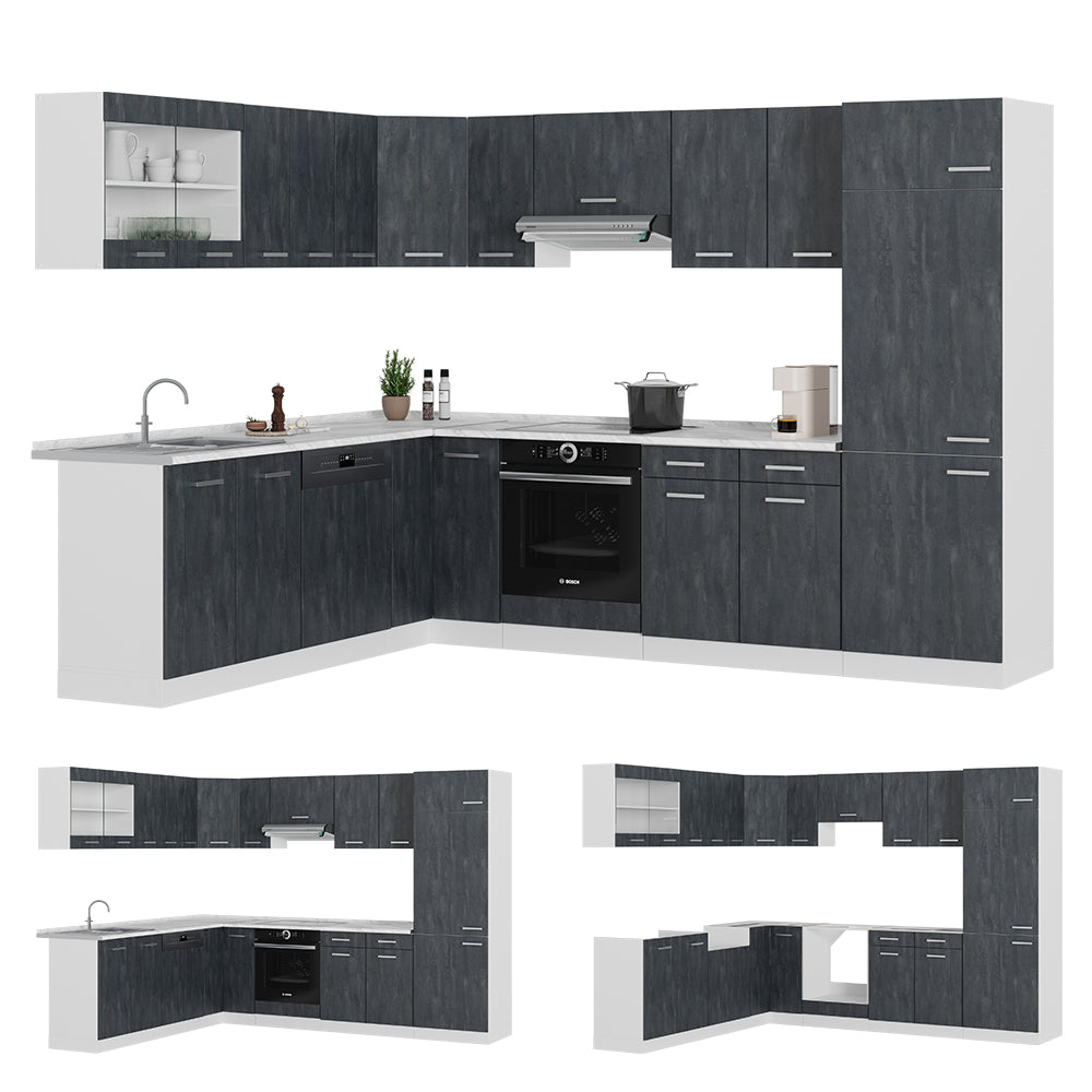 Vicco Cucina angolare completa Nero cemento/bianco 227 x 287 cm senza piano di lavoro