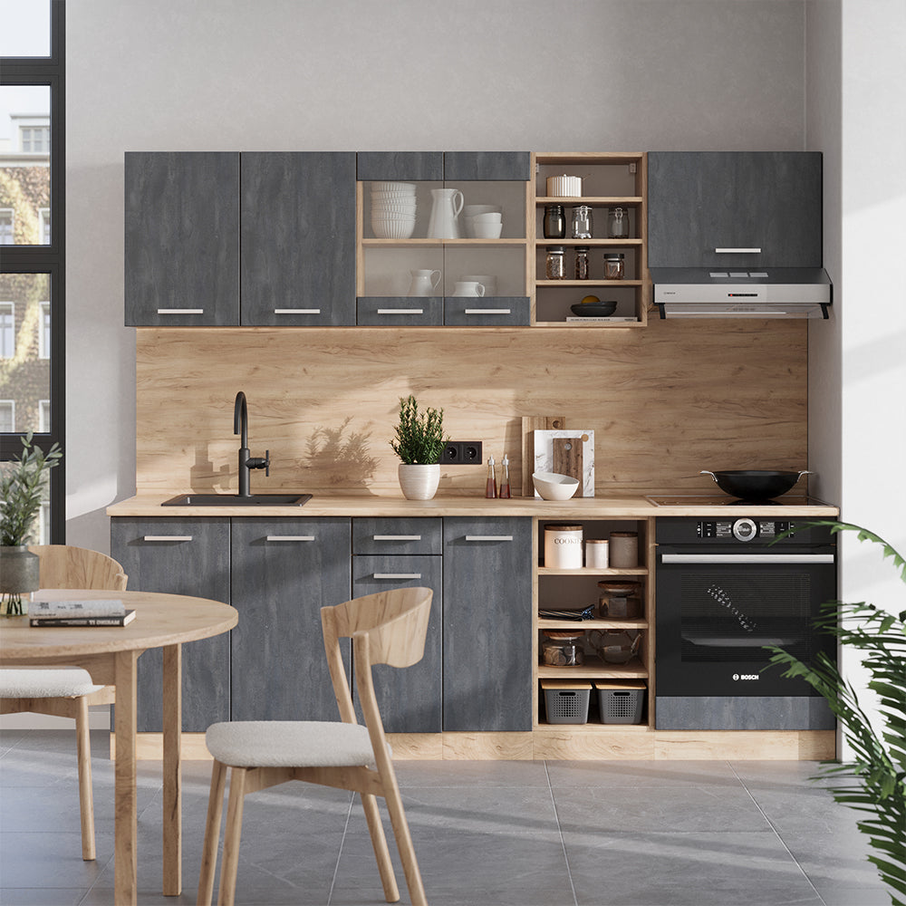 Vicco Cucina componibile Calcestruzzo nero/quercia dorata 240 cm senza piano di lavoro