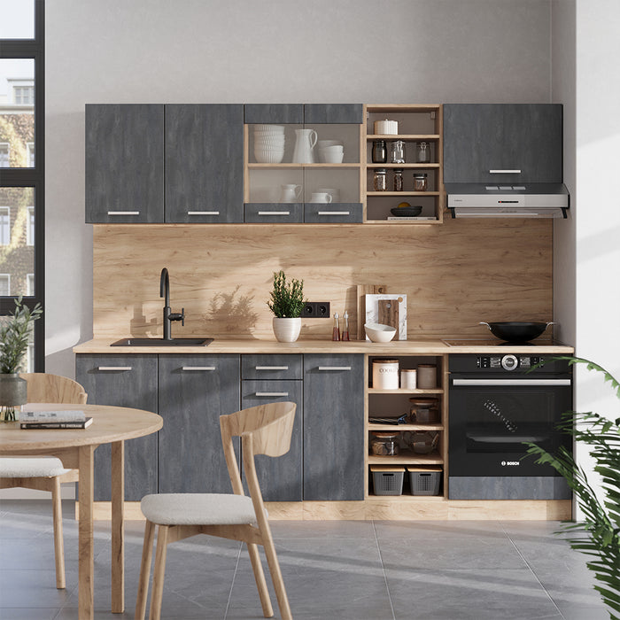 Vicco Cucina componibile Calcestruzzo nero/quercia dorata 240 cm senza piano di lavoro