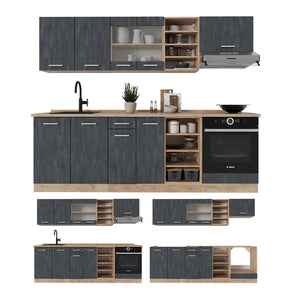 Vicco Cucina componibile Calcestruzzo nero/quercia dorata 240 cm senza piano di lavoro