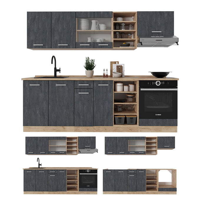 Vicco Cucina componibile Calcestruzzo nero/quercia dorata 240 cm senza piano di lavoro