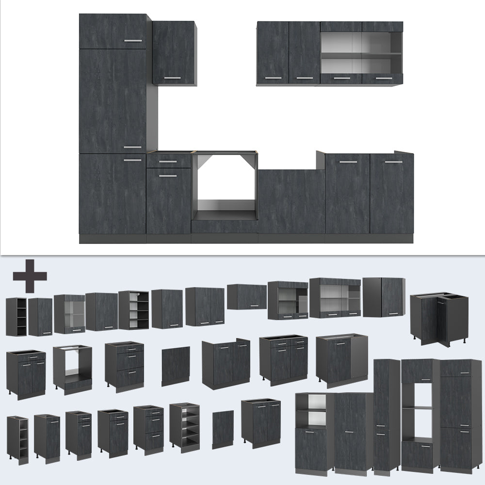 Vicco Cucina componibile Calcestruzzo nero/antracite 300 cm senza piano di lavoro