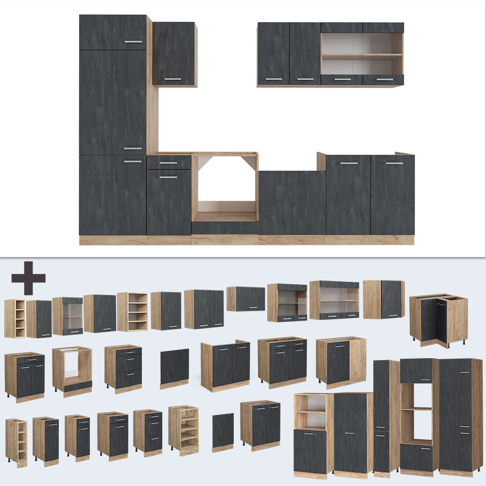 Vicco Cucina componibile Calcestruzzo nero/quercia dorata 300 cm senza piano di lavoro
