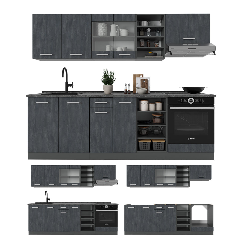 Vicco Cucina componibile Calcestruzzo nero/antracite 240 cm senza piano di lavoro