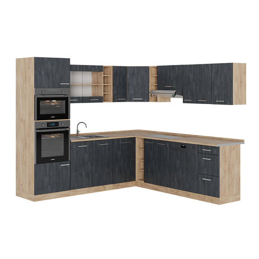 Vicco Cucina angolare completa Calcestruzzo nero/quercia dorata 237 x 247 cm PL Rovere