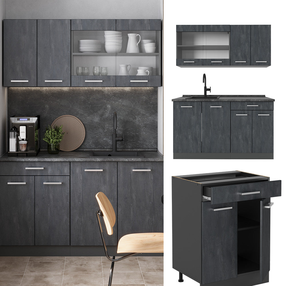 Vicco Cucina monoblocco Calcestruzzo nero/antracite 140 cm PL Rovere