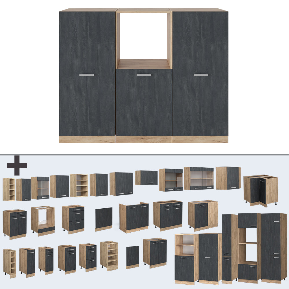 Vicco Cucine componibili piccole Calcestruzzo nero/quercia dorata 180 cm Senza piano di lavoro