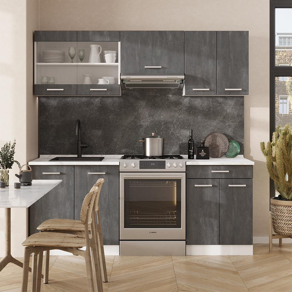 Vicco Mobile da cucina Nero cemento/bianco 200 cm PL Rovere