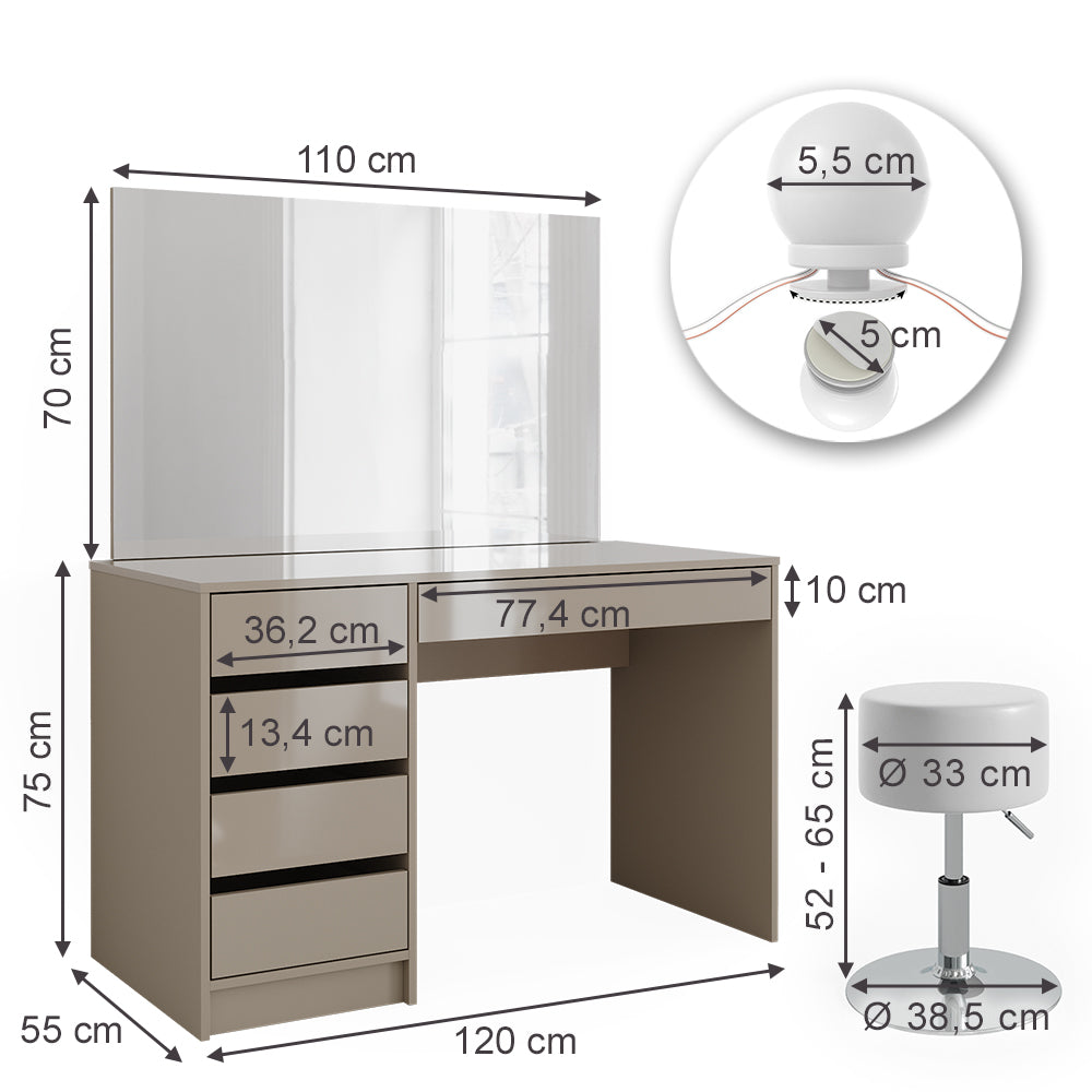 Vicco Tavolo da trucco Grigio 55 cm con illuminazione a LED e sgabello