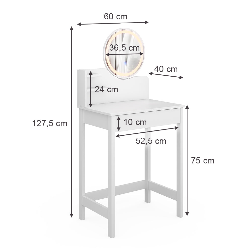 Vicco Tavolo da toeletta Bianco 60 cm con specchio a LED