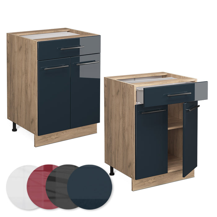 Vicco Basi per cucina  Blu scuro lucido 60 cm con cassetto, PL Rovere