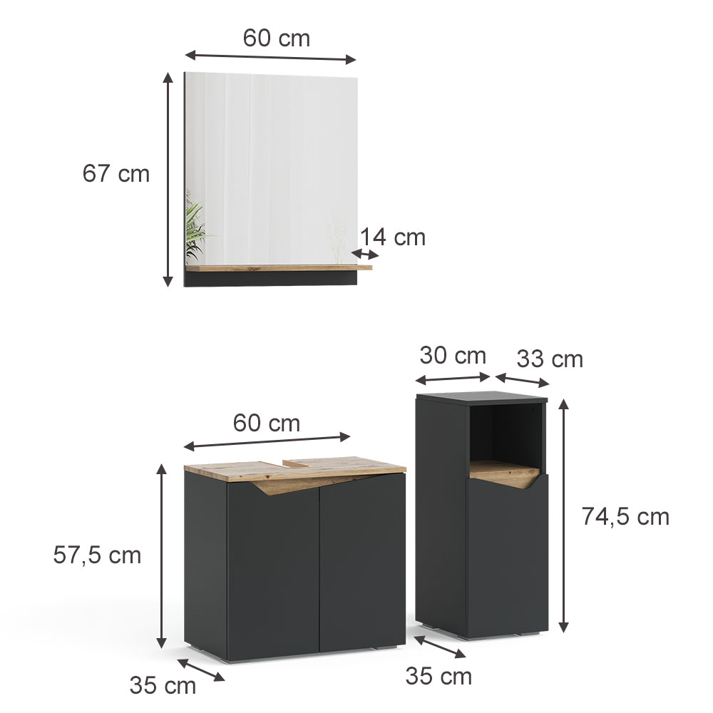 Vicco Combinazione di mobili da bagno Antracite 3 pezzi, con cabinet midi