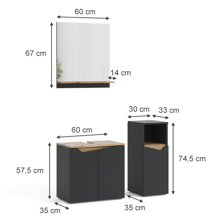 Vicco Combinazione di mobili da bagno Antracite 3 pezzi, con cabinet midi