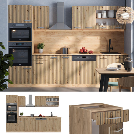 Vicco Cucina componibile Rovere artigianale/rovere Goldkraft 300 cm con armadio alto, senza piano di lavoro