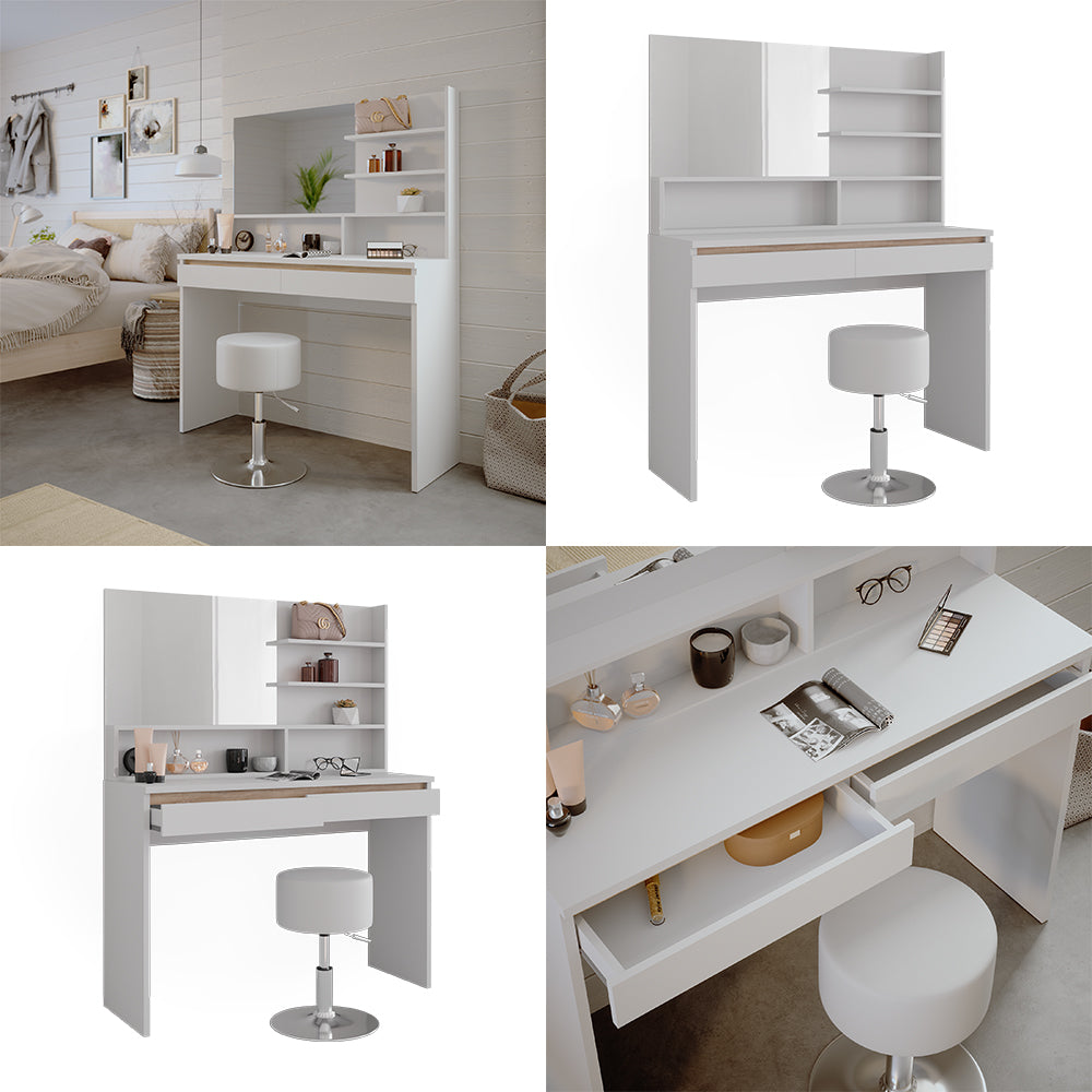 Vicco Tavolino da toilette Bianco 120 cm con mensola a specchio e sgabello